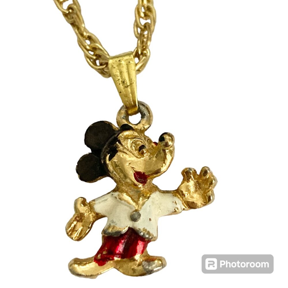 Vintage Disney Mickey Mouse Necklace Pendant Gold Plated 20" Disneyana Signed